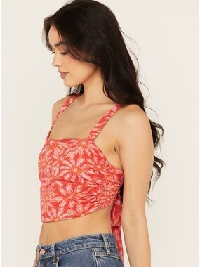 Free People Floral Square-Neck Cropped Tank Top - Red Floral